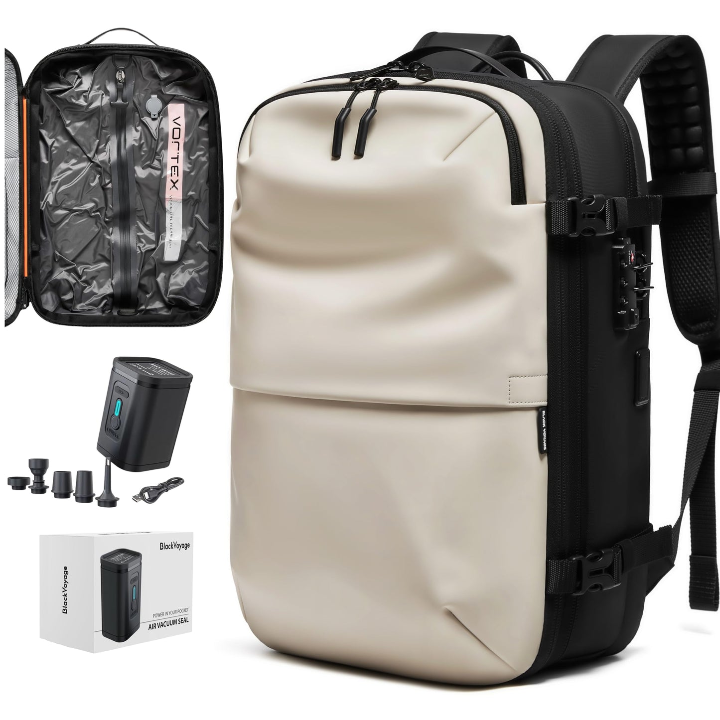 BlackVoyage Vortex Vacuum Seal Travel Backpack 60L Expandable Air Compression System Water Resistant TSA Lock Carry-On