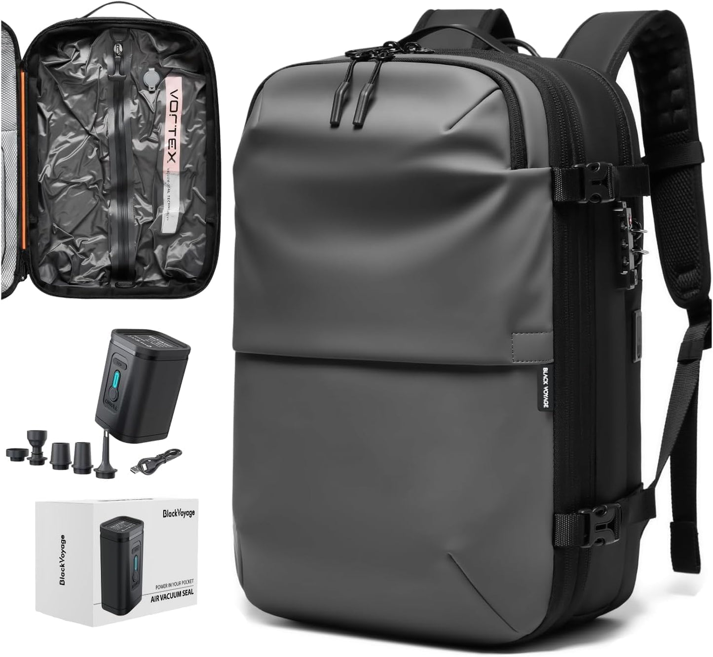 BlackVoyage Vortex Vacuum Seal Travel Backpack 60L Expandable Air Compression System Water Resistant TSA Lock Carry-On