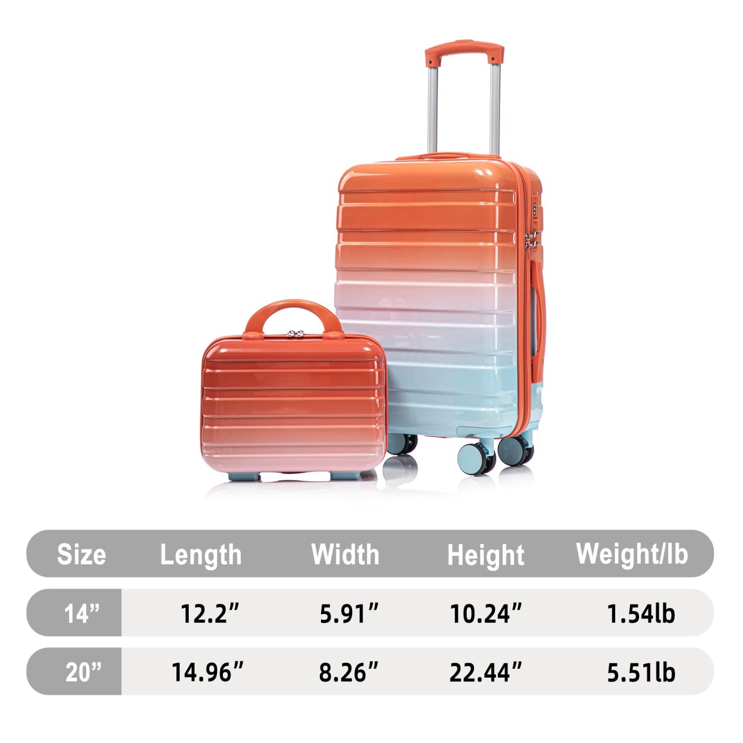 2 pcs/set PC Spinner Wheel Luggage with Gradient Color and Combination Lock