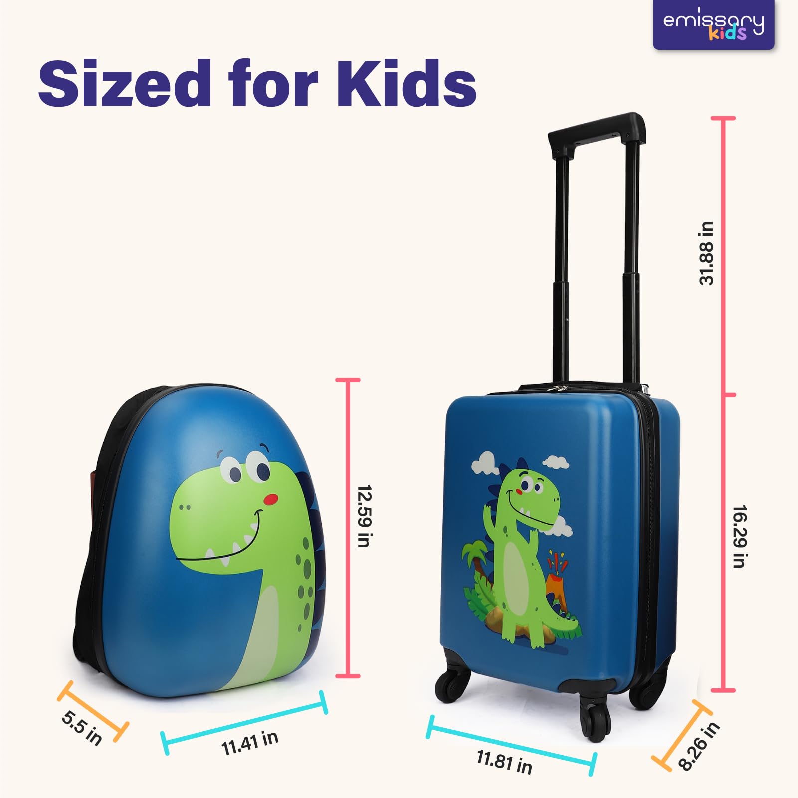 emissary Kids Luggage with Wheels, Hardside Toddler Carry On Suitcase Set, Lightweight Rolling Travel Bag for Boys and Girls, Airline Approved Travel Gifts - Dinosaur