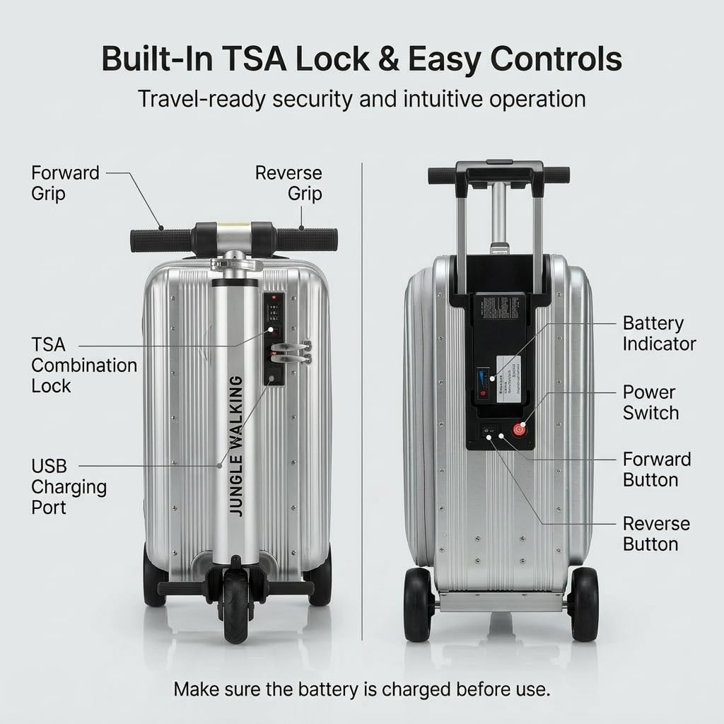 Silver Rideable Suitcase for Adults & Kids, 20" Carry On Electric Luggage with 250W Motor, 8 MPH, 5 Miles Range, Removable Battery, TSA Lock, USB Charging, Max Load 240 lbs