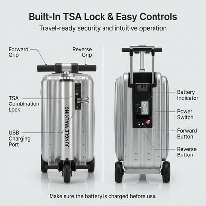 Silver Rideable Suitcase for Adults & Kids, 20" Carry On Electric Luggage with 250W Motor, 8 MPH, 5 Miles Range, Removable Battery, TSA Lock, USB Charging, Max Load 240 lbs