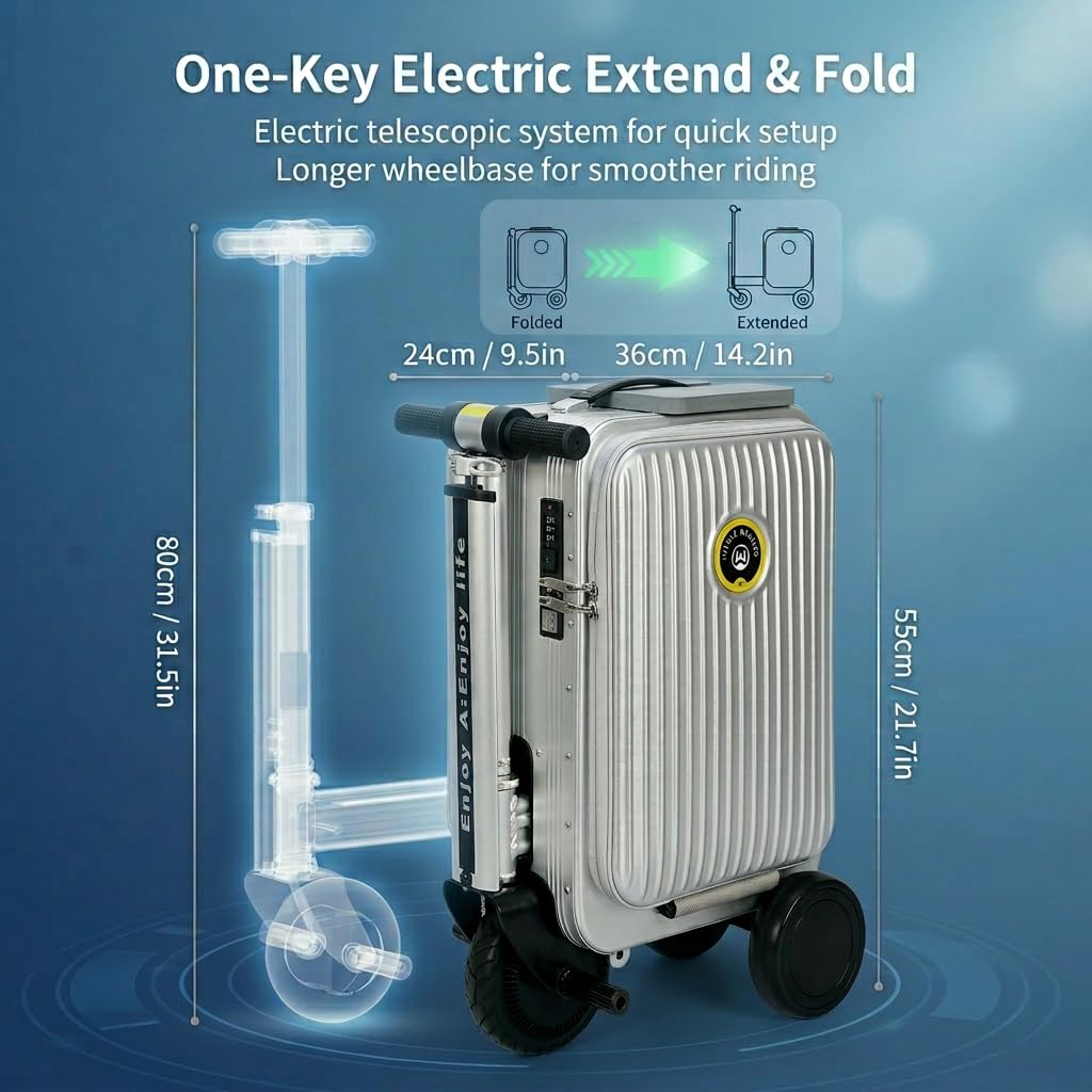 Silver Rideable Suitcase for Adults & Kids, 20" Carry On Electric Luggage with 250W Motor, 8 MPH, 5 Miles Range, Removable Battery, TSA Lock, USB Charging, Max Load 240 lbs