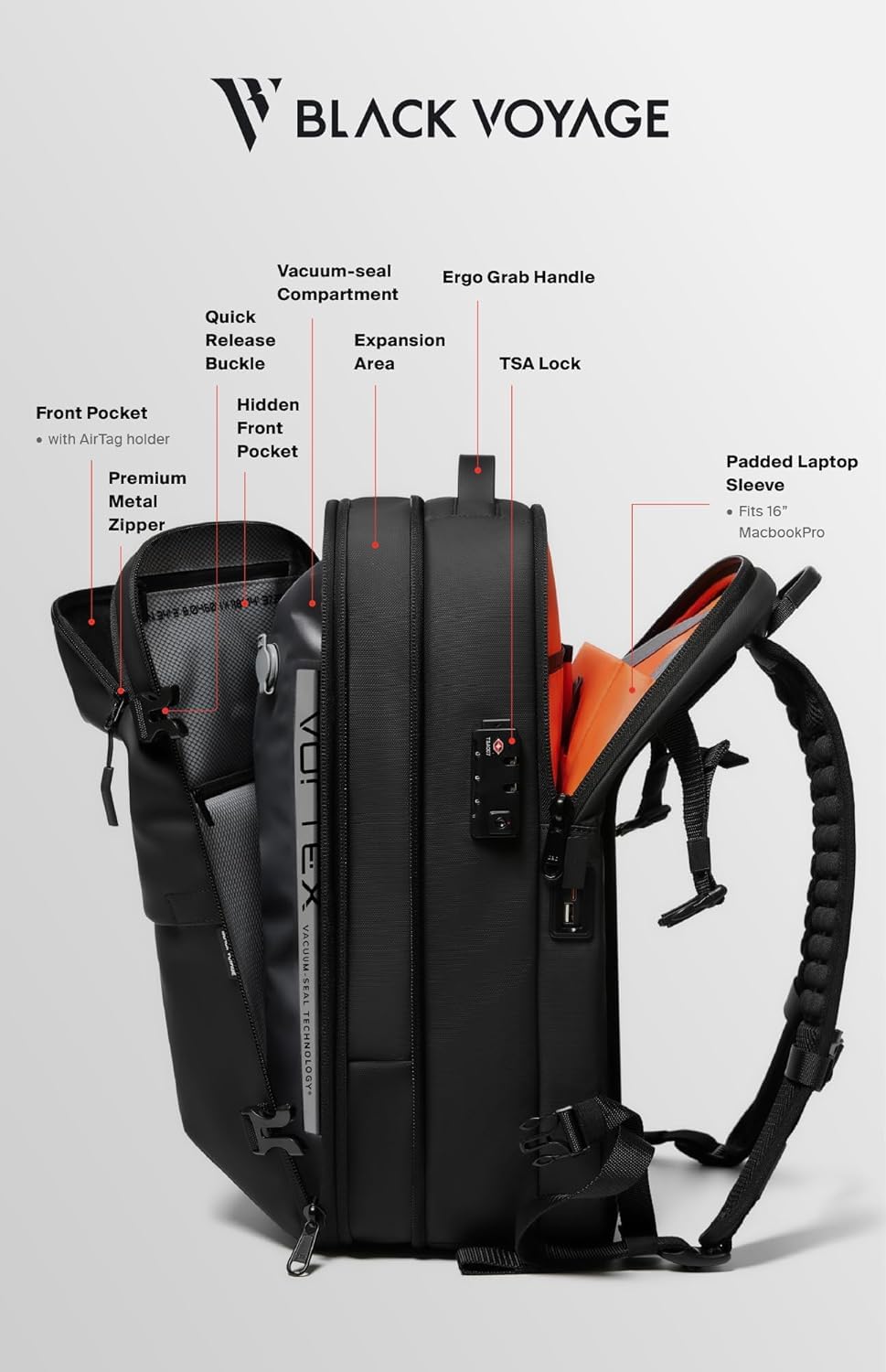 BlackVoyage Vortex Vacuum Seal Travel Backpack 60L Expandable Air Compression System Water Resistant TSA Lock Carry-On