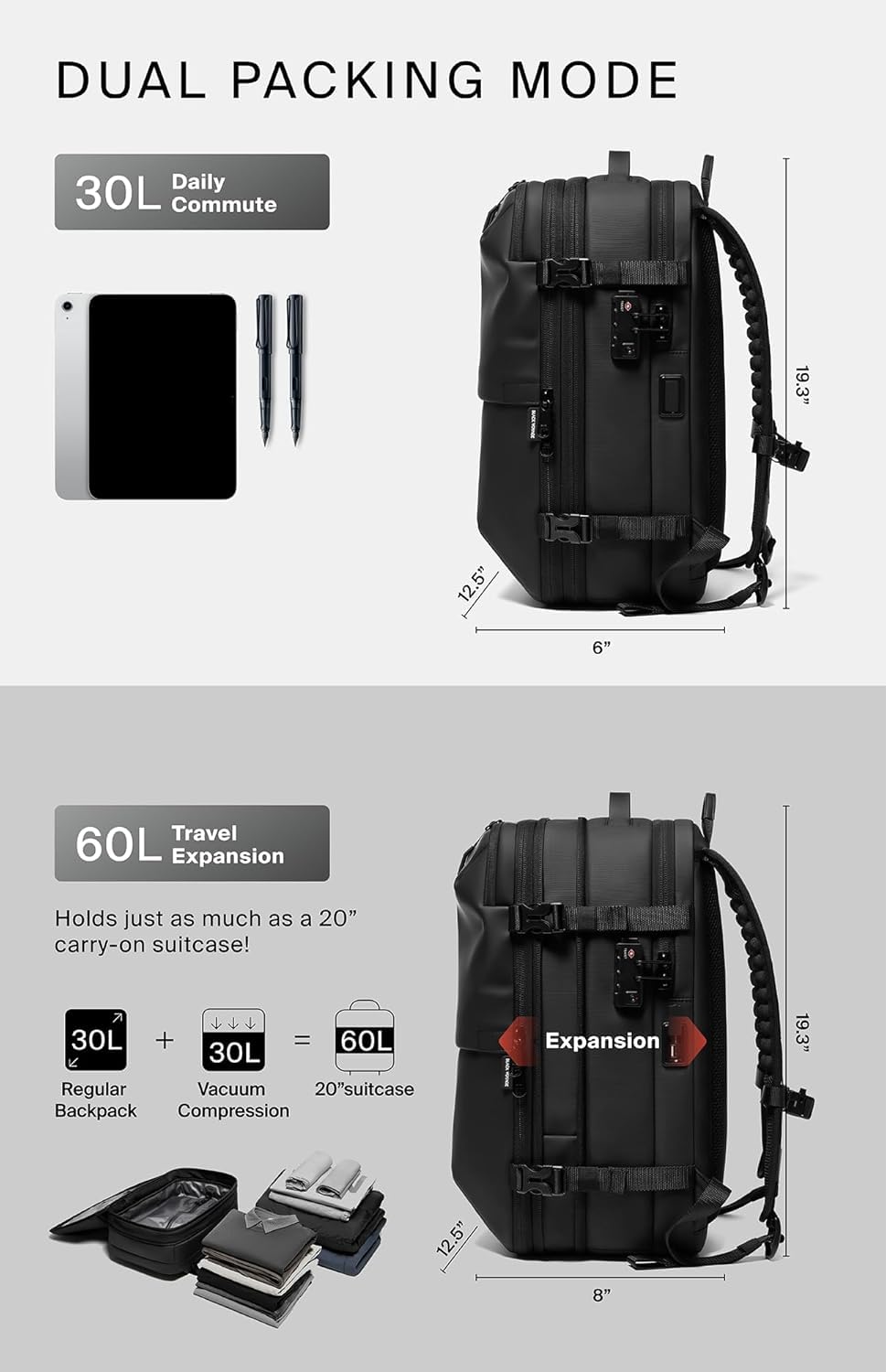 BlackVoyage Vortex Vacuum Seal Travel Backpack 60L Expandable Air Compression System Water Resistant TSA Lock Carry-On