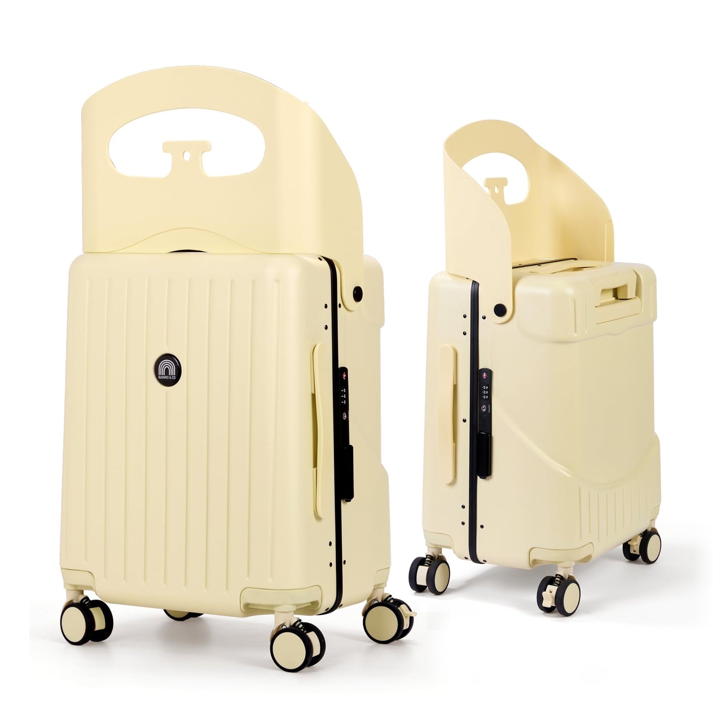 RAINRO & CO Butter Beige 20" Ride-On Carry-On Luggage for Kids & Adults with Built-In Seat, Spinner Wheels, and Secure TSA Lock – Durable Hardside Carry-On