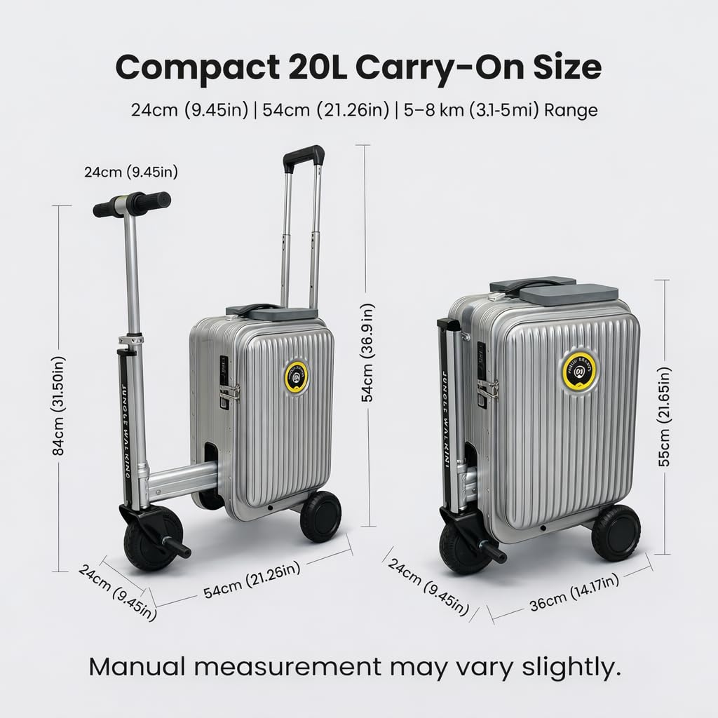 Silver Rideable Suitcase for Adults & Kids, 20" Carry On Electric Luggage with 250W Motor, 8 MPH, 5 Miles Range, Removable Battery, TSA Lock, USB Charging, Max Load 240 lbs