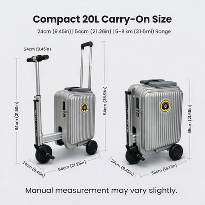 Silver Rideable Suitcase for Adults & Kids, 20" Carry On Electric Luggage with 250W Motor, 8 MPH, 5 Miles Range, Removable Battery, TSA Lock, USB Charging, Max Load 240 lbs