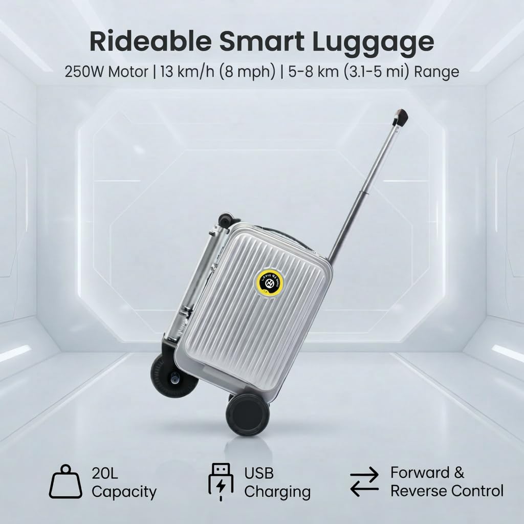 Silver Rideable Suitcase for Adults & Kids, 20" Carry On Electric Luggage with 250W Motor, 8 MPH, 5 Miles Range, Removable Battery, TSA Lock, USB Charging, Max Load 240 lbs