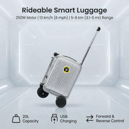 Silver Rideable Suitcase for Adults & Kids, 20" Carry On Electric Luggage with 250W Motor, 8 MPH, 5 Miles Range, Removable Battery, TSA Lock, USB Charging, Max Load 240 lbs
