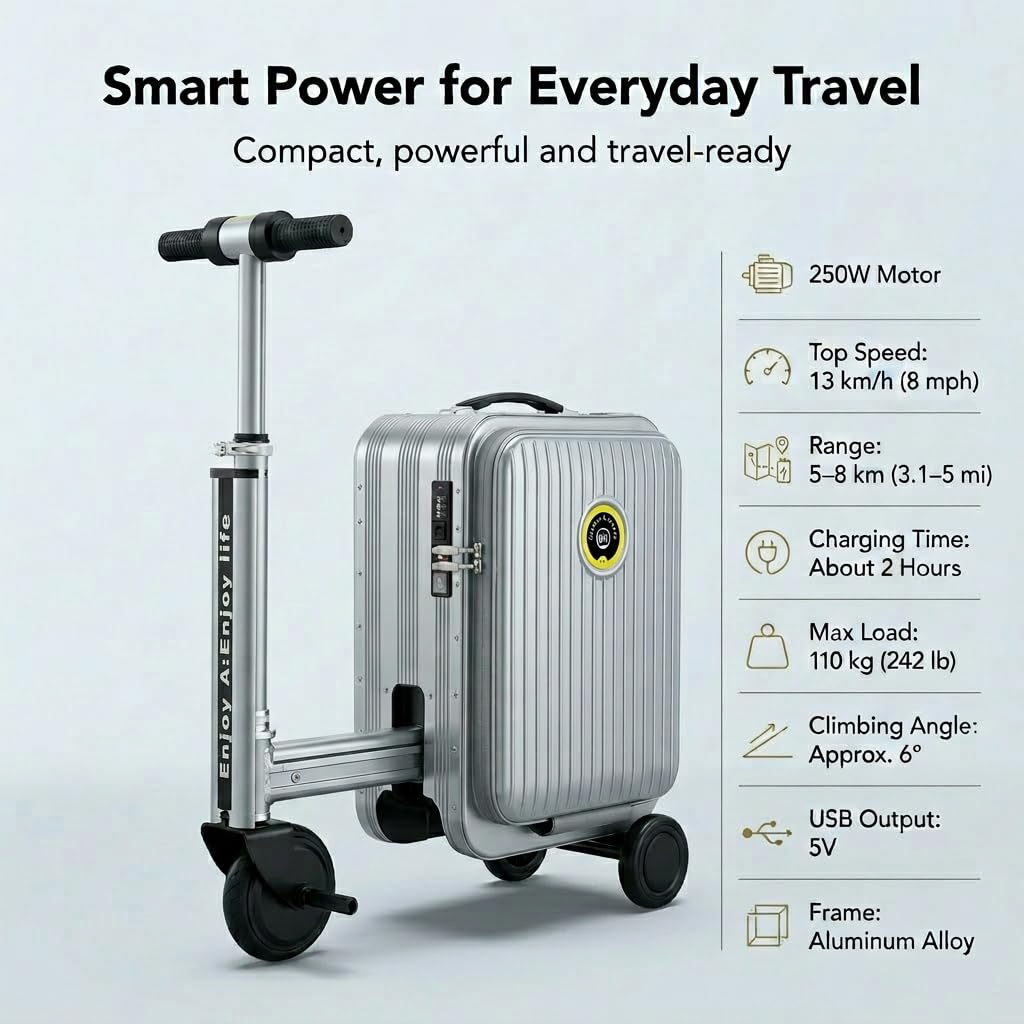 Silver Rideable Suitcase for Adults & Kids, 20" Carry On Electric Luggage with 250W Motor, 8 MPH, 5 Miles Range, Removable Battery, TSA Lock, USB Charging, Max Load 240 lbs