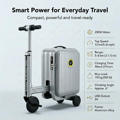 Silver Rideable Suitcase for Adults & Kids, 20" Carry On Electric Luggage with 250W Motor, 8 MPH, 5 Miles Range, Removable Battery, TSA Lock, USB Charging, Max Load 240 lbs
