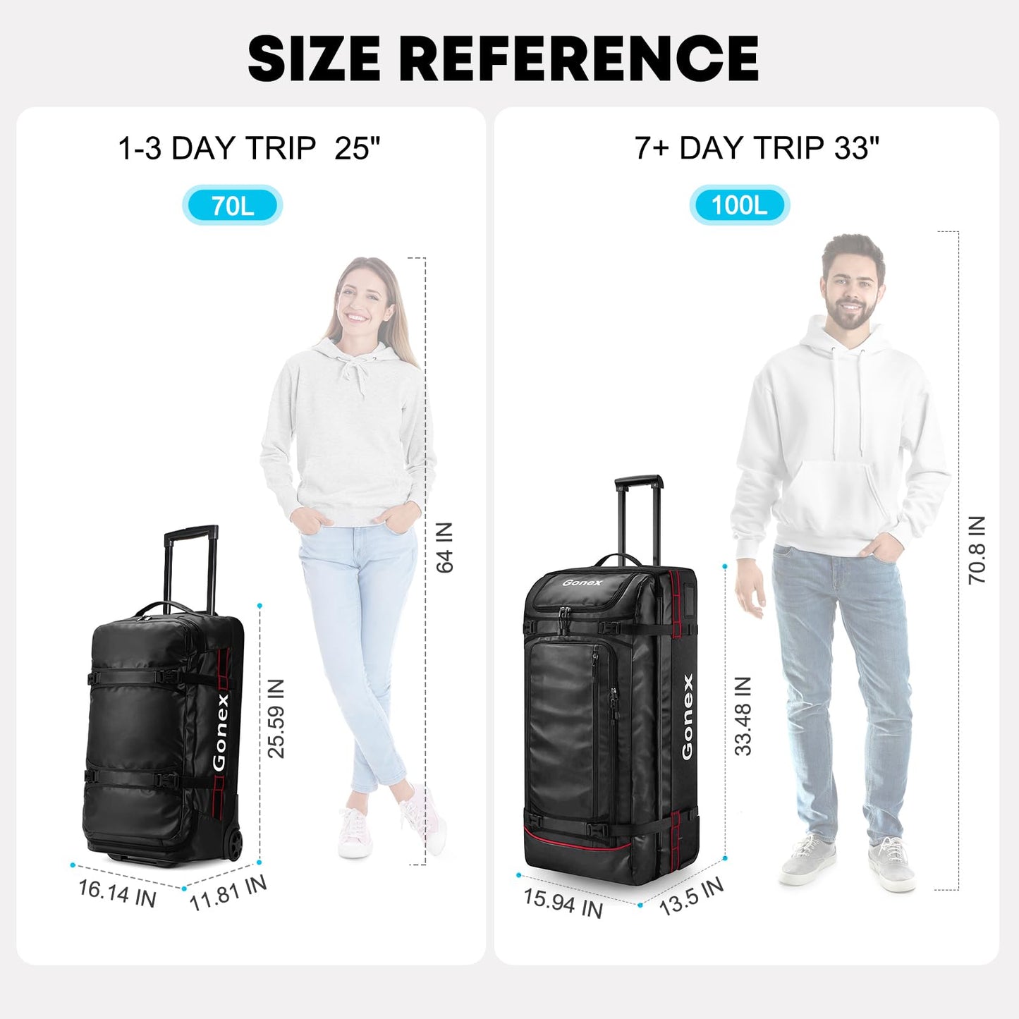 Gonex Rolling Duffle Bag with Wheels, 30L 70L 100L Water Repellent Wheeled Travel Duffel Luggage with Rollers