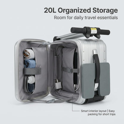Silver Rideable Suitcase for Adults & Kids, 20" Carry On Electric Luggage with 250W Motor, 8 MPH, 5 Miles Range, Removable Battery, TSA Lock, USB Charging, Max Load 240 lbs