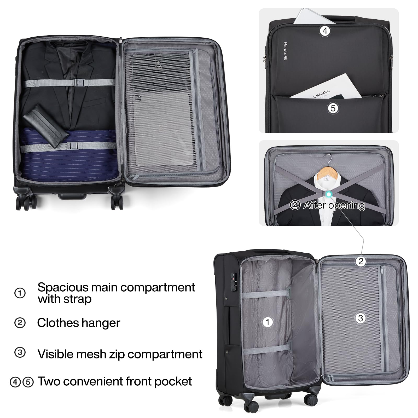 Hanke Softside Expandable Luggage 16/20/24/28 Inch Carry On Luggage for Travel Checked Luggage Suitcases with Wheels TSA Luggage Large Suitcase