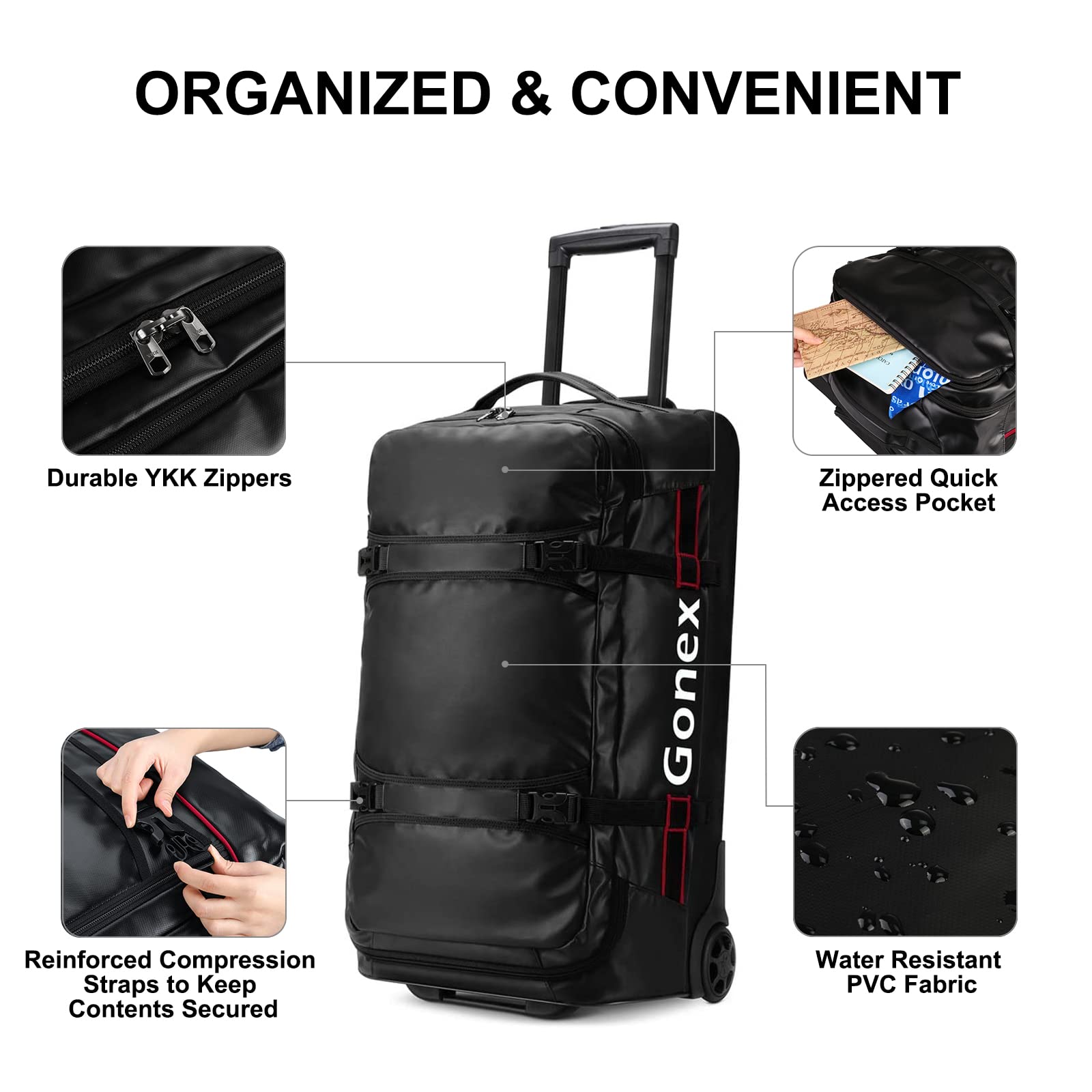 Gonex Rolling Duffle Bag with Wheels, 30L 70L 100L Water Repellent Wheeled Travel Duffel Luggage with Rollers