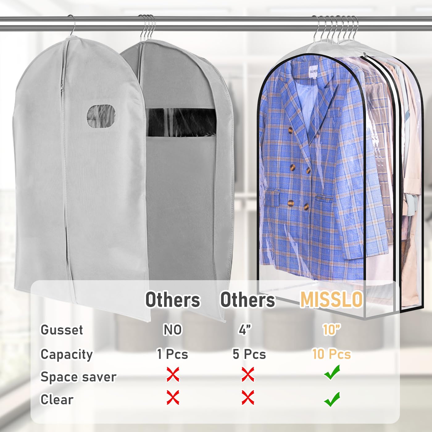 MISSLO 10" Gusseted All Clear Garment Bags for Hanging Clothes 40" Suit Bags for Closet Storage Hanging Clothes Storage Bags for Shirts, Coats, Dresses, 3 Packs