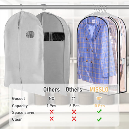 MISSLO 10" Gusseted All Clear Garment Bags for Hanging Clothes 40" Suit Bags for Closet Storage Hanging Clothes Storage Bags for Shirts, Coats, Dresses, 3 Packs
