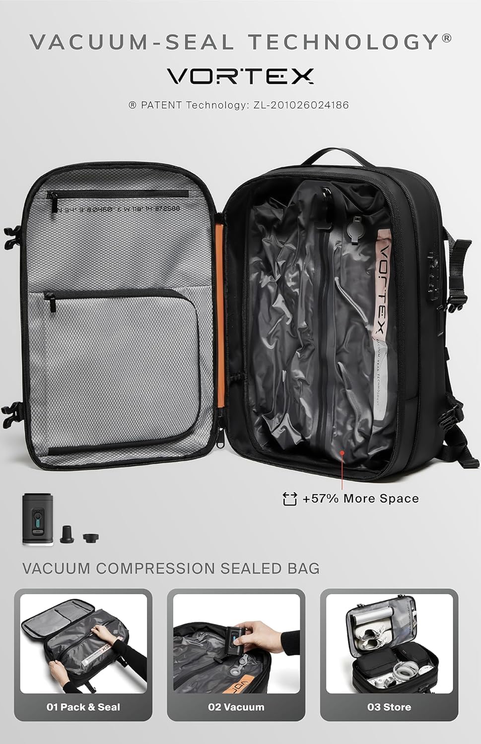 BlackVoyage Vortex Vacuum Seal Travel Backpack 60L Expandable Air Compression System Water Resistant TSA Lock Carry-On