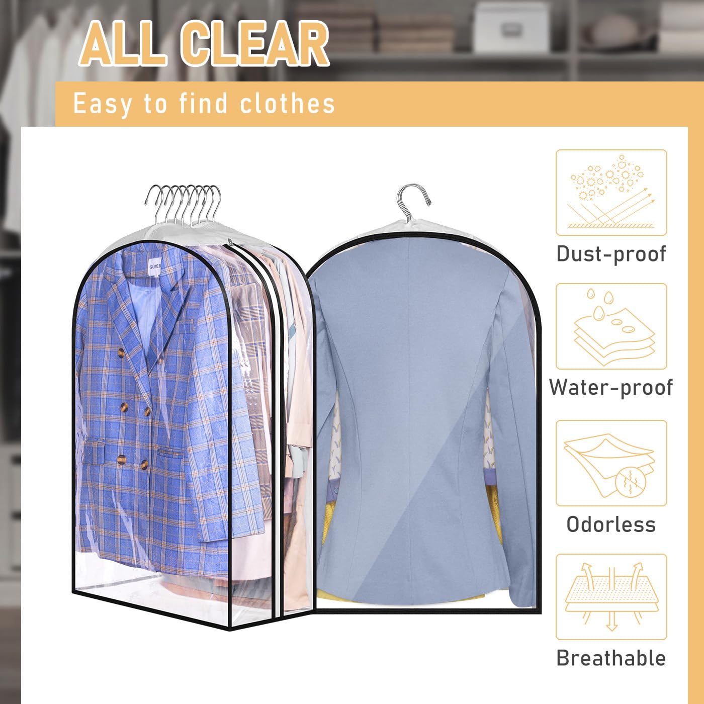 MISSLO 10" Gusseted All Clear Garment Bags for Hanging Clothes 40" Suit Bags for Closet Storage Hanging Clothes Storage Bags for Shirts, Coats, Dresses, 3 Packs