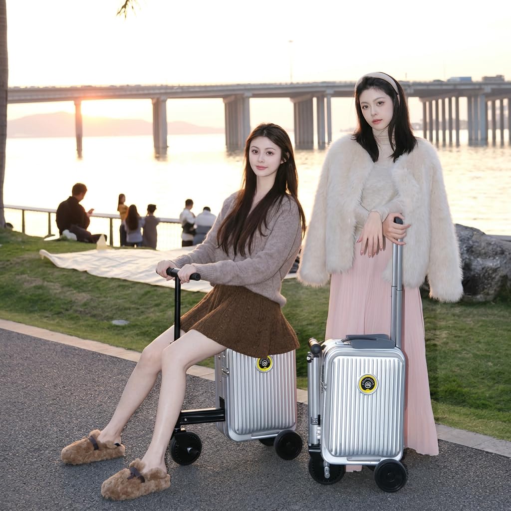 Silver Rideable Suitcase for Adults & Kids, 20" Carry On Electric Luggage with 250W Motor, 8 MPH, 5 Miles Range, Removable Battery, TSA Lock, USB Charging, Max Load 240 lbs
