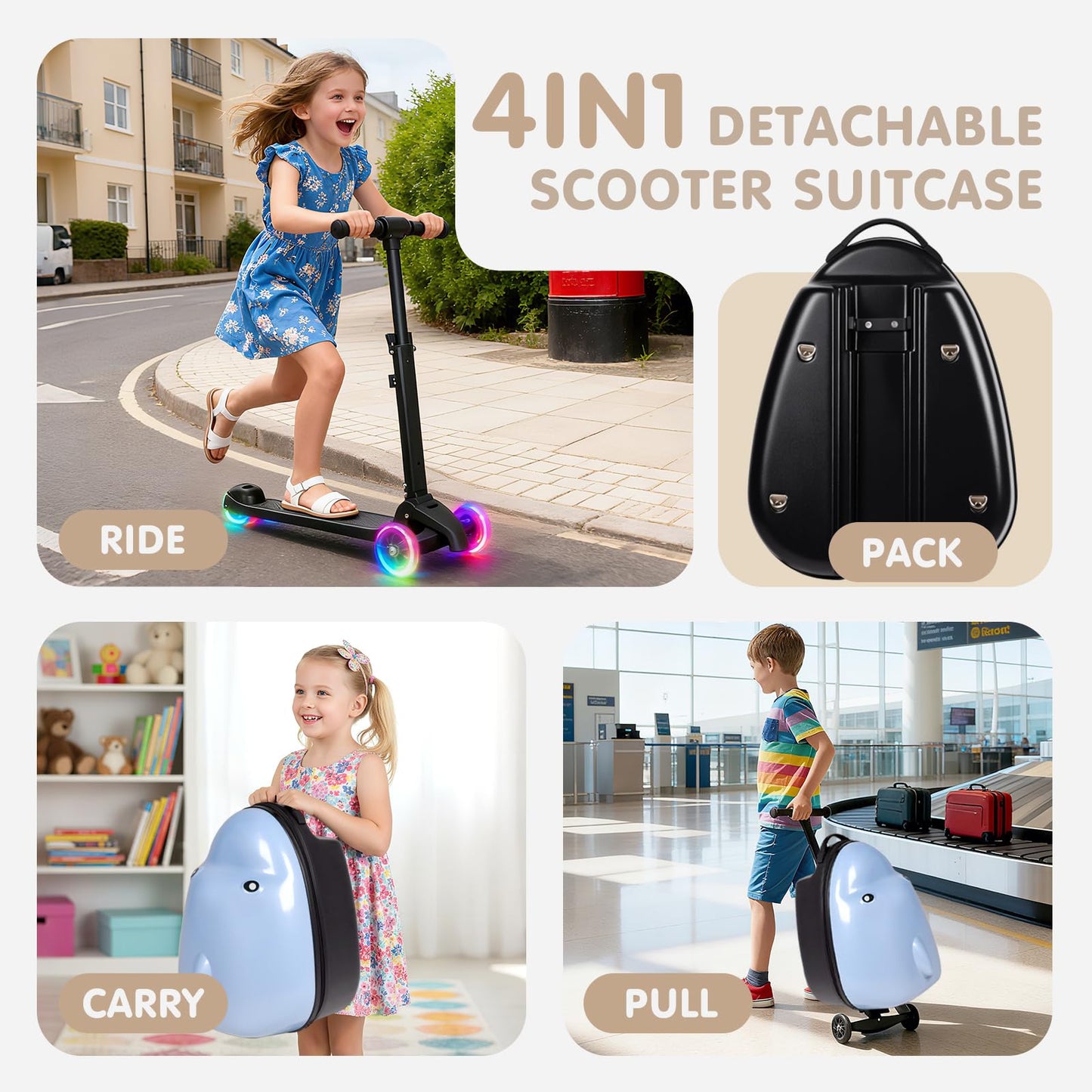 smilesun 4-in-1 Detachable Scooter Suitcase for Kids & Teens – 3D Owl/Dolphin Hardside Ride-On Luggage, Lightweight Foldable Design, Unique Travel Gift for Children