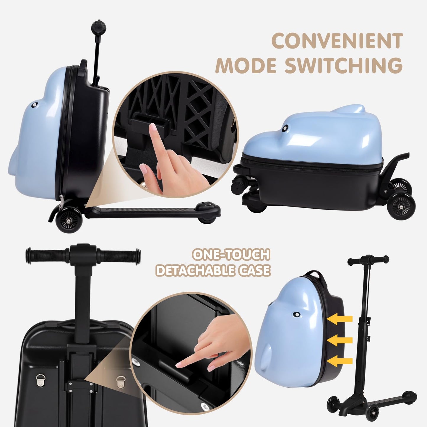 smilesun 4-in-1 Detachable Scooter Suitcase for Kids & Teens – 3D Owl/Dolphin Hardside Ride-On Luggage, Lightweight Foldable Design, Unique Travel Gift for Children