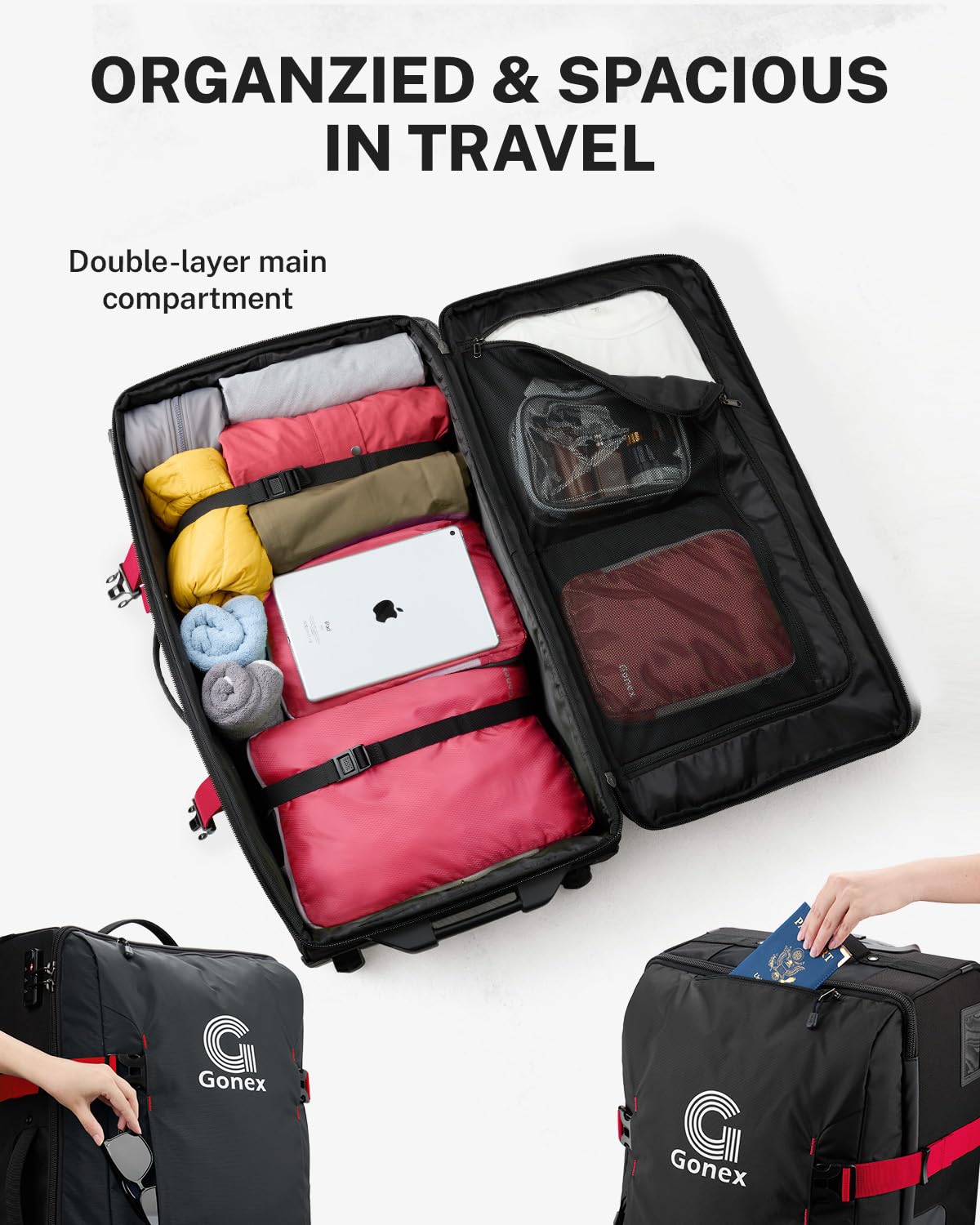 Gonex Rolling Duffle Bag with Wheels, Water-repellent 90L Nylon Large Wheeled Travel Duffel Luggage with TSA Lock & Telescopic Handle 30 inch
