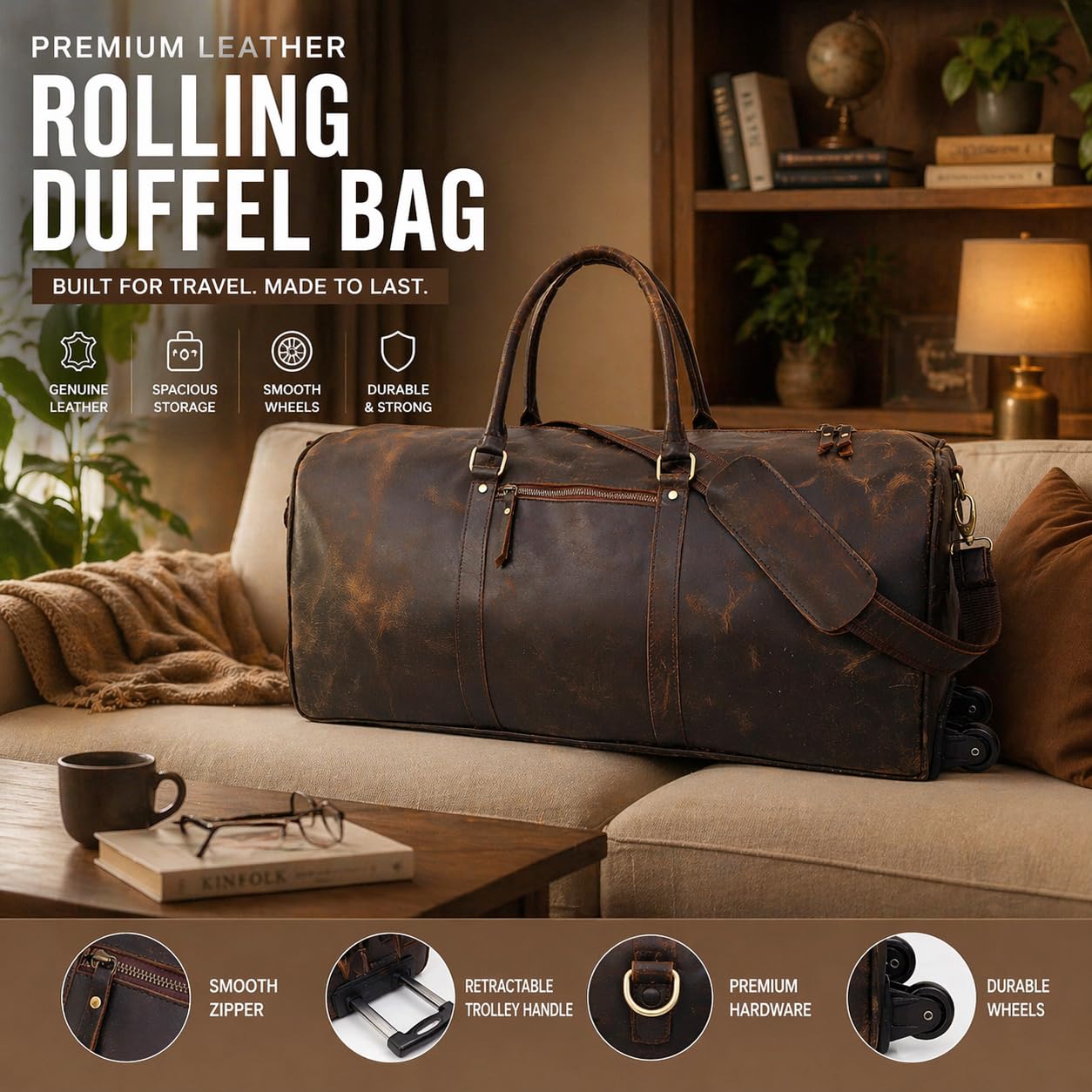 Large Leather Rolling Duffel Bag For Weekend Travel