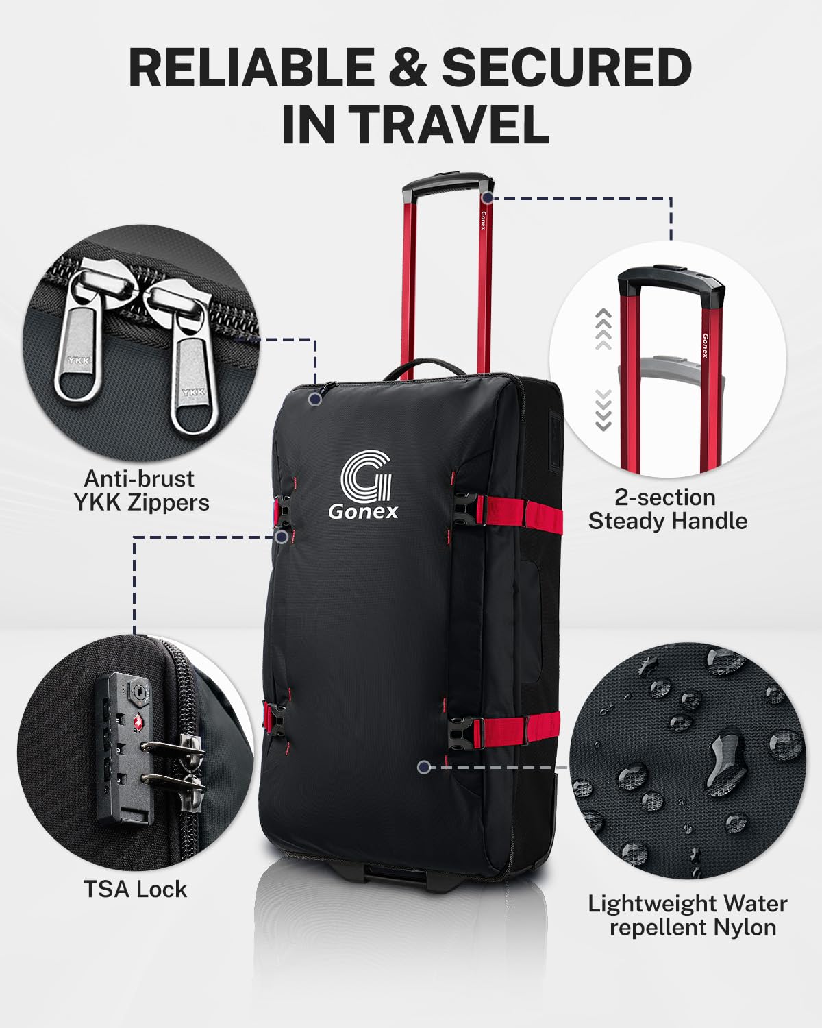 Gonex Rolling Duffle Bag with Wheels, Water-repellent 90L Nylon Large Wheeled Travel Duffel Luggage with TSA Lock & Telescopic Handle 30 inch