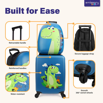 emissary Kids Luggage with Wheels, Hardside Toddler Carry On Suitcase Set, Lightweight Rolling Travel Bag for Boys and Girls, Airline Approved Travel Gifts - Dinosaur