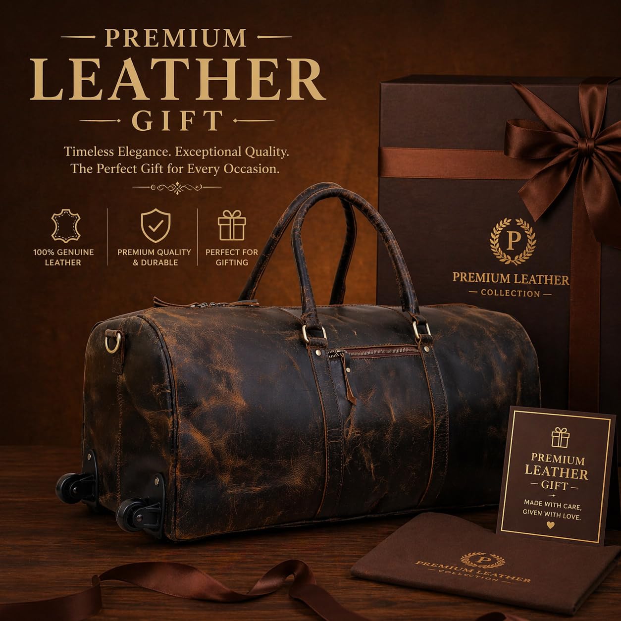 Large Leather Rolling Duffel Bag For Weekend Travel