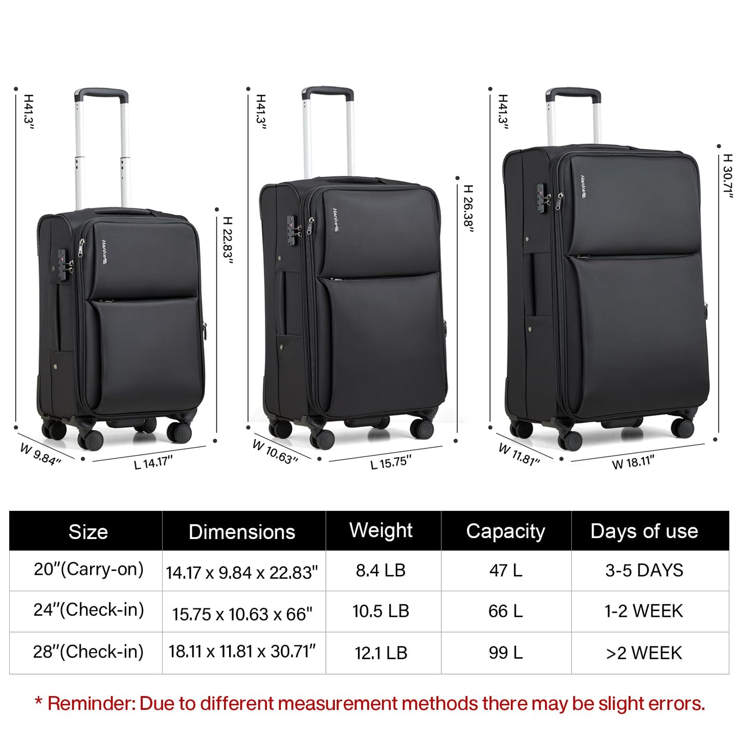 Hanke Softside Expandable Luggage 16/20/24/28 Inch Carry On Luggage for Travel Checked Luggage Suitcases with Wheels TSA Luggage Large Suitcase