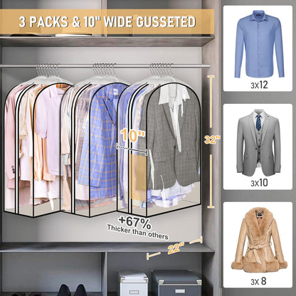 MISSLO 10" Gusseted All Clear Garment Bags for Hanging Clothes 40" Suit Bags for Closet Storage Hanging Clothes Storage Bags for Shirts, Coats, Dresses, 3 Packs