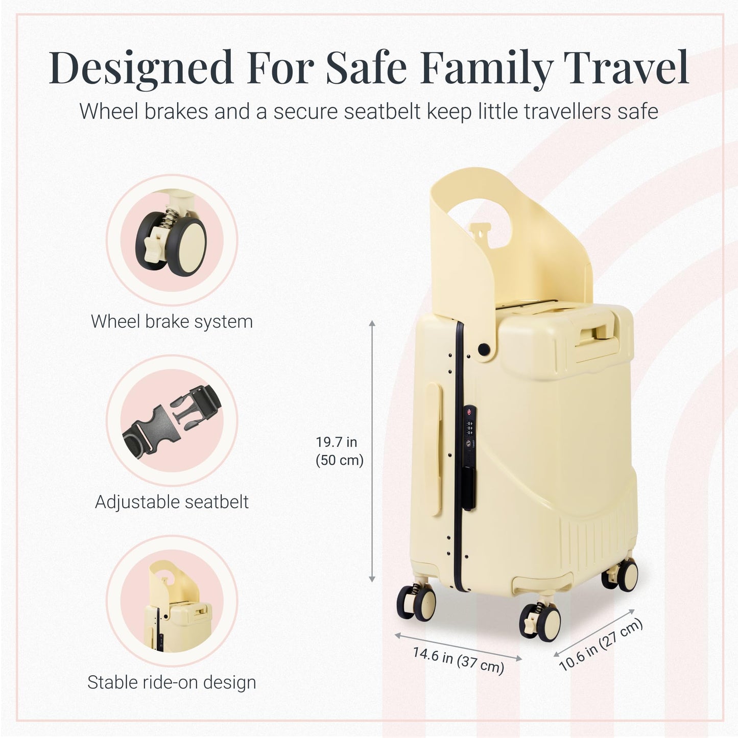 RAINRO & CO Butter Beige 20" Ride-On Carry-On Luggage for Kids & Adults with Built-In Seat, Spinner Wheels, and Secure TSA Lock – Durable Hardside Carry-On