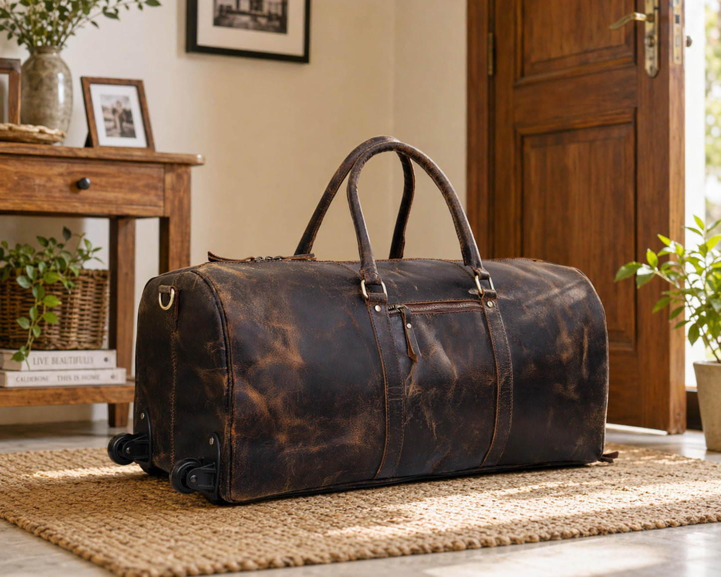 Large Leather Rolling Duffel Bag For Weekend Travel