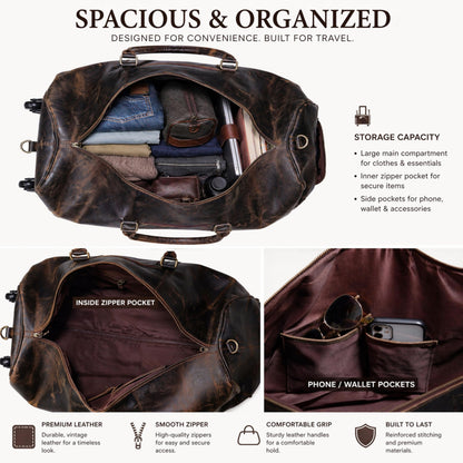Large Leather Rolling Duffel Bag For Weekend Travel