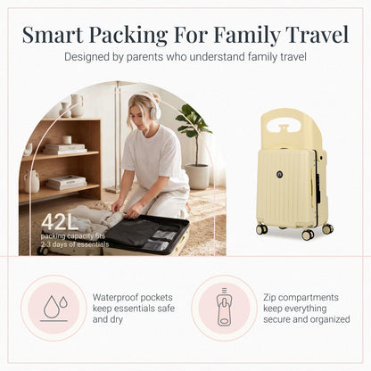 RAINRO & CO Butter Beige 20" Ride-On Carry-On Luggage for Kids & Adults with Built-In Seat, Spinner Wheels, and Secure TSA Lock – Durable Hardside Carry-On