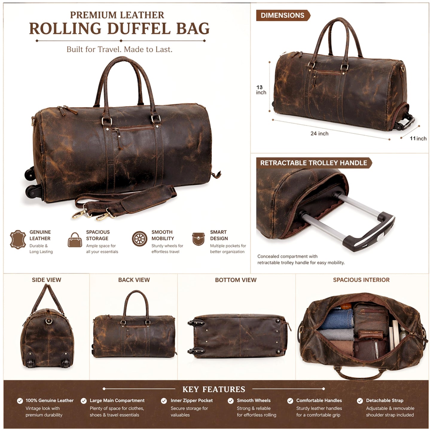 Large Leather Rolling Duffel Bag For Weekend Travel