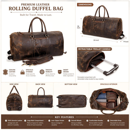 Large Leather Rolling Duffel Bag For Weekend Travel