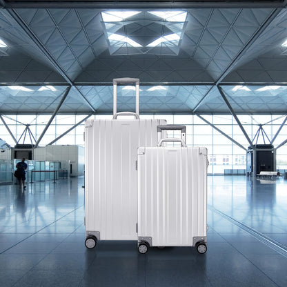 SKYLARK-100 Aluminum Luggage Set 20 & 26-inch, Silver Hard Shell Suitcase Combo with TSA Locks, Spinner Wheels, Lightweight & Scratch-Resistant