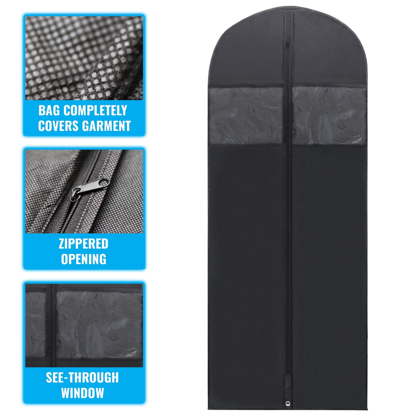 Plixio 60” Black Garment Bags for Hanging Clothes, Men Suit Bag for Travel and Clothing Closet Storage of Women Dress, Shirts, Coats, Suit Cover - Includes Zipper and Transparent Window