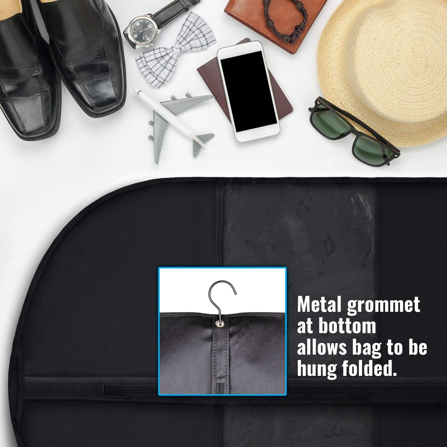 Plixio 60” Black Garment Bags for Hanging Clothes, Men Suit Bag for Travel and Clothing Closet Storage of Women Dress, Shirts, Coats, Suit Cover - Includes Zipper and Transparent Window