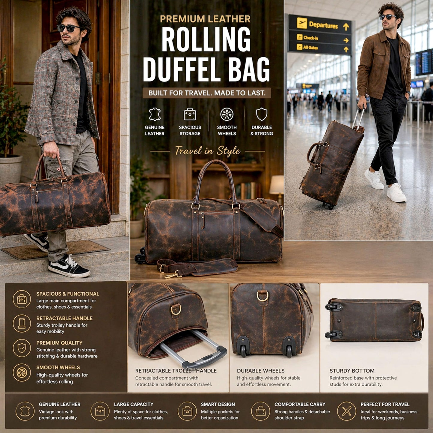 Large Leather Rolling Duffel Bag For Weekend Travel
