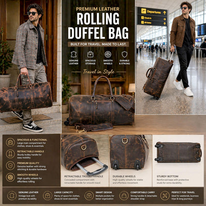 Large Leather Rolling Duffel Bag For Weekend Travel