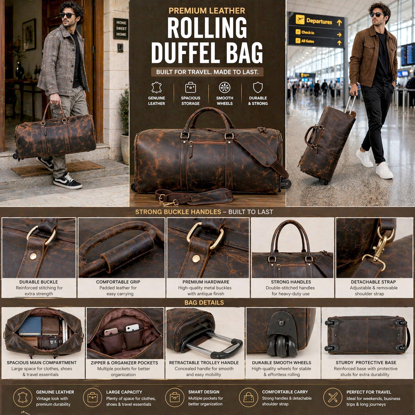 Large Leather Rolling Duffel Bag For Weekend Travel